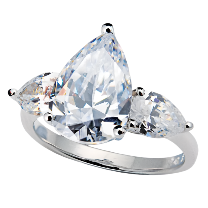 Pear Drop Ring crafted in sterling silver featuring a large pear-shaped central stone flanked by two smaller pear-cut stones, designed for female jewelry enthusiasts.
