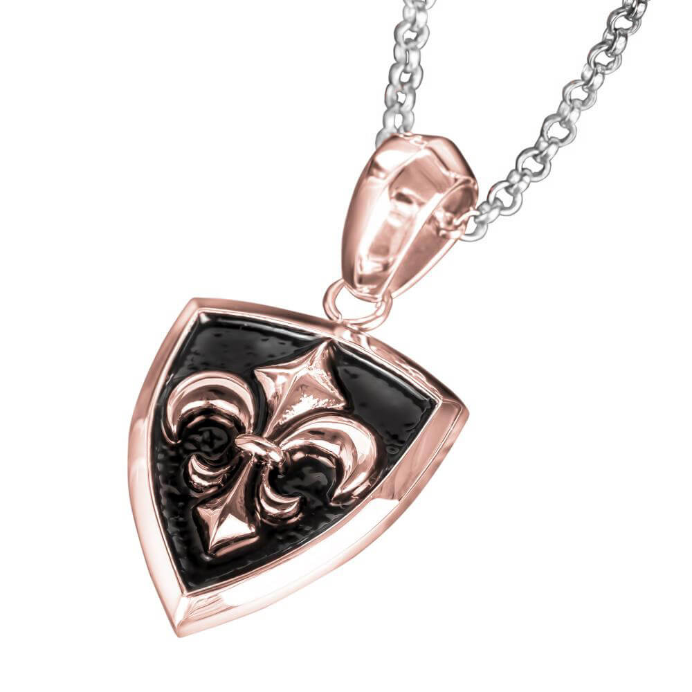 Grand Canyon Rose Gold Pendant featuring a stainless steel black shield with an embossed fleur-de-lis design, suspended from a silver chain for men’s jewelry.