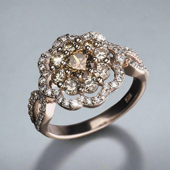 Eleganza Champagne Ring featuring a sterling silver band with rose gold plating and a cluster of sparkling champagne-colored stones in a floral design, crafted for women.