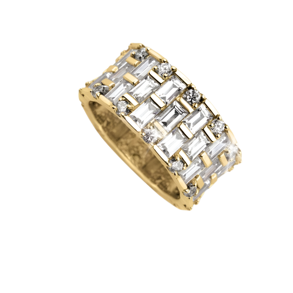 Baguette Eternity Gold Ring crafted from sterling silver with gold plating, featuring rectangular baguette and round stones in an elegant eternity band style for women.