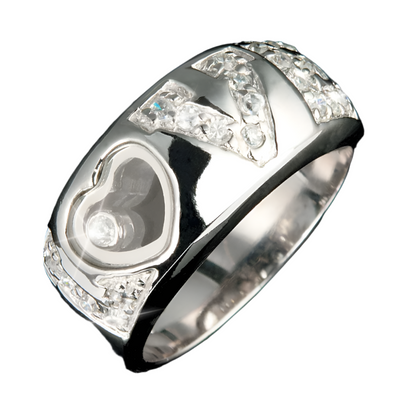 Sterling silver Love Ring for females with rhodium plating, featuring a heart-shaped detail and sparkling clear gemstones set on a wide polished band.