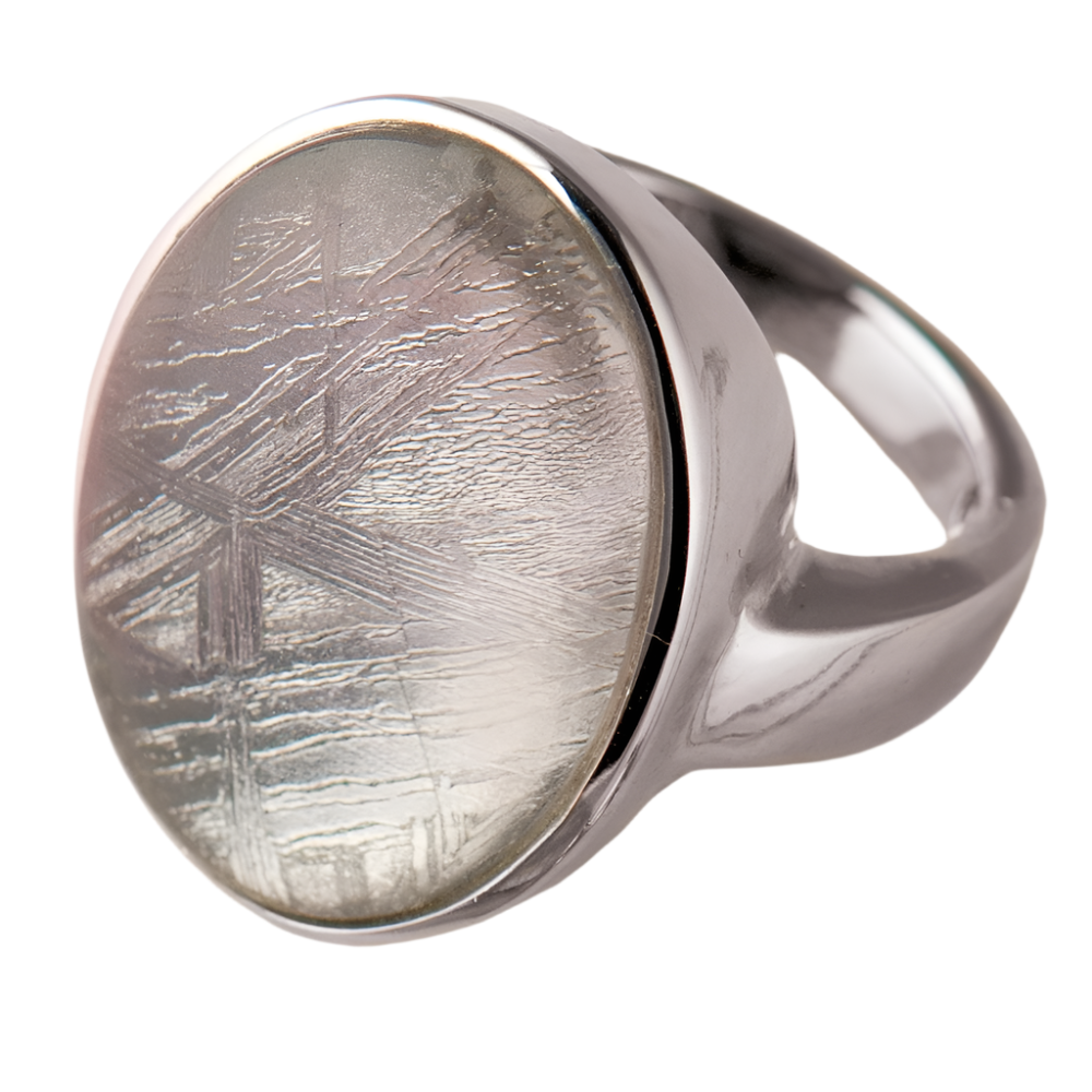 Sterling silver Meteorite Ring for female with a polished band and a textured meteorite stone centerpiece featuring unique natural patterns.