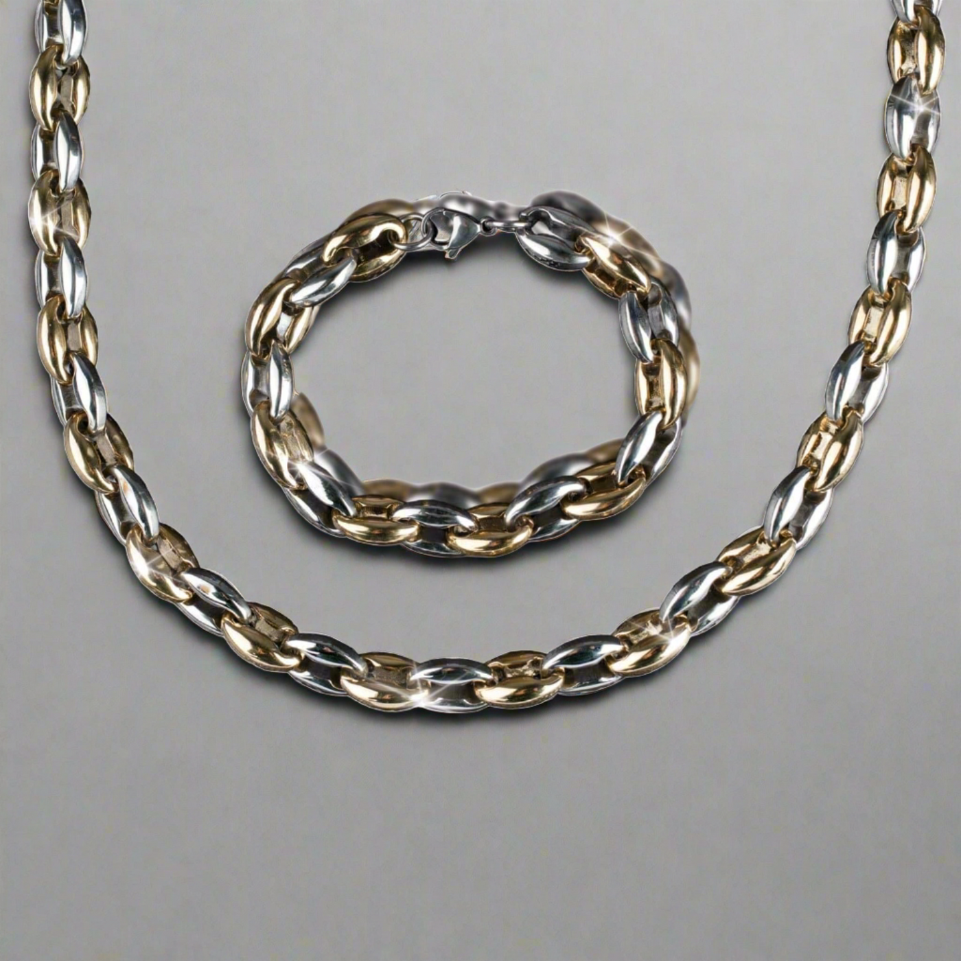 two-tone necklace and bracelet