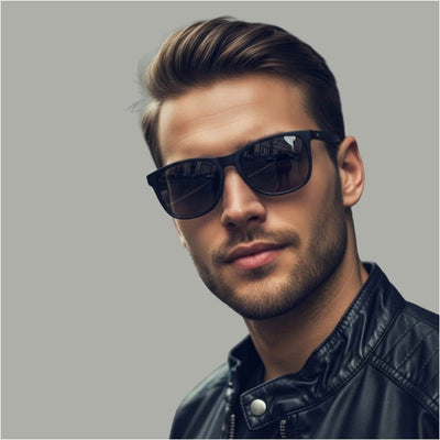 Man wearing smart sunglasses and a black leather jacket against a gray background