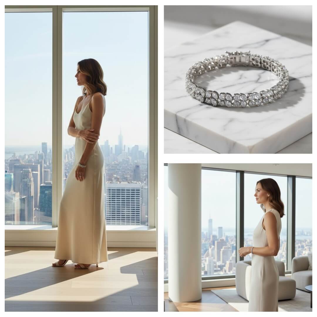Woman in a long white dress looking out a window with a close-up of a silver bracelet on marble. Diamond bracelet on a gray surface. Versailles bracelet by Daniel Steiger.
