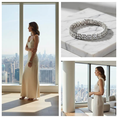 Woman in a long white dress looking out a window with a close-up of a silver bracelet on marble. Diamond bracelet on a gray surface. Versailles bracelet by Daniel Steiger.