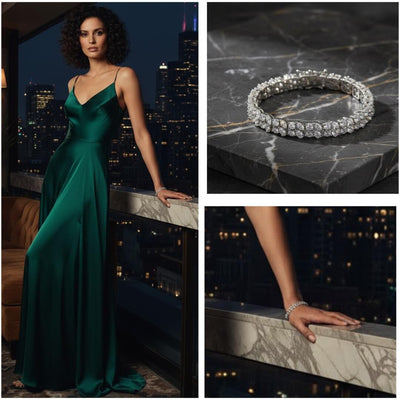 Woman in a green evening gown with a cityscape background, diamond bracelet on marble surface, and close-up of bracelet. Diamond bracelet on a gray surface. Versailles bracelet by Daniel Steiger.