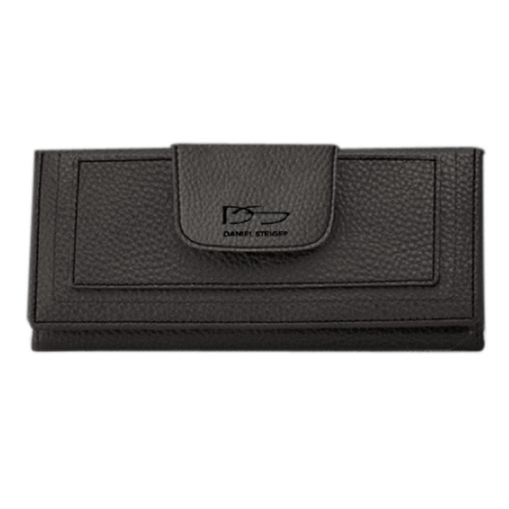 Carrington Black Wallet designed for men, featuring textured black leather with a secure flap closure and subtle Daniel Steiger logo detail.