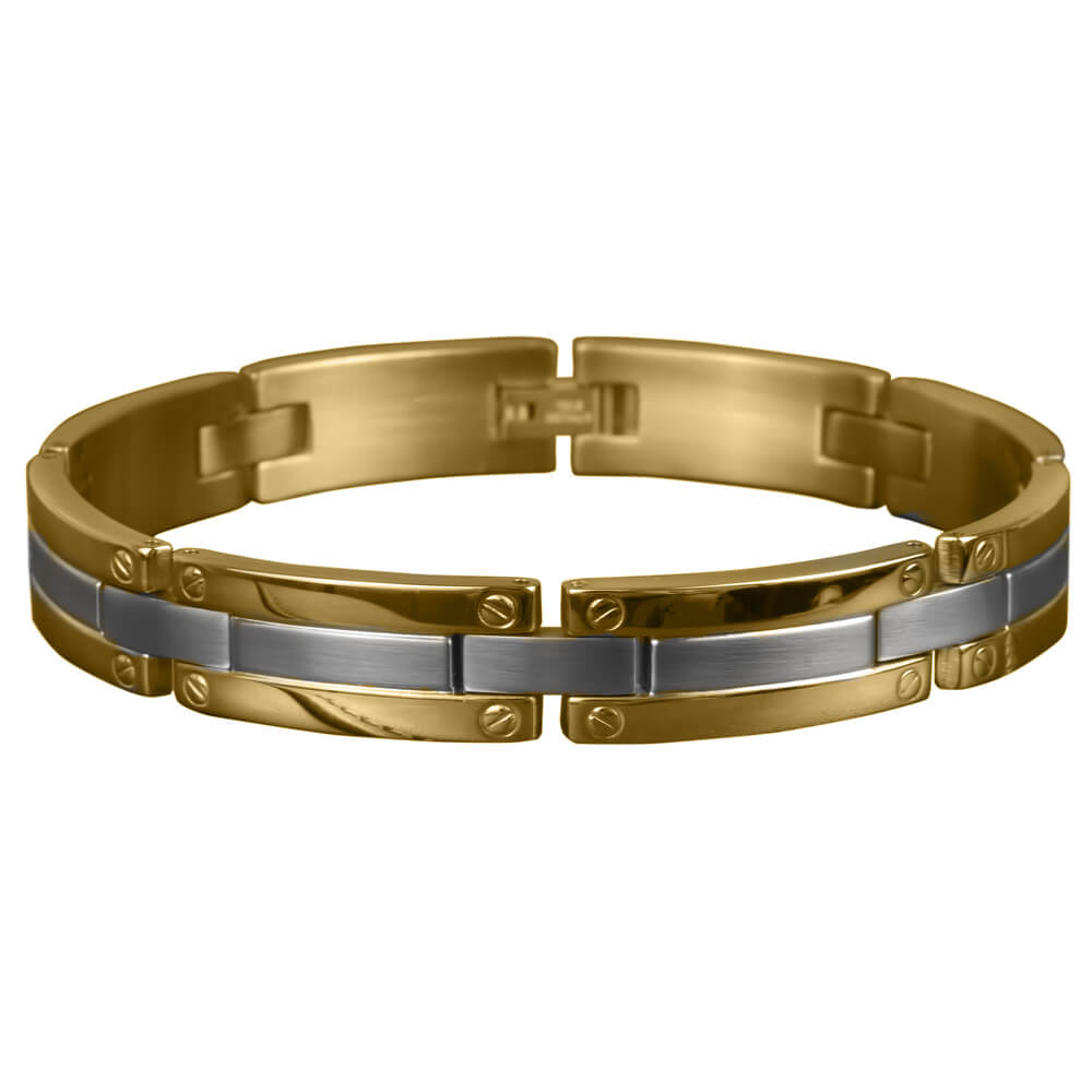 Regal Men's Bracelet in two-tone stainless steel featuring a sleek, modern design with gold and silver plating, perfect for sophisticated male jewelry collections.