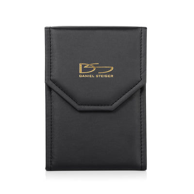 Black Daniel Steiger branded jewelry pouch designed for storing and protecting the Jade Cascade Necklace, featuring a sleek, elegant fold-over flap closure.