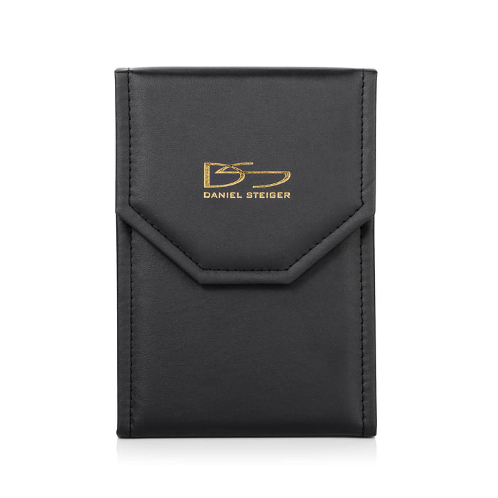 Black leather jewelry case with gold Daniel Steiger logo, designed to store and protect the Milano Necklace and other fine jewelry pieces.