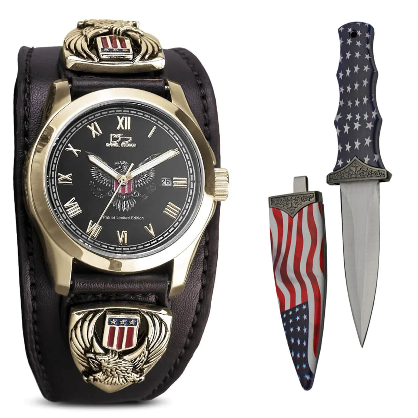  Daniel Steiger Patriot (Limited Edition) Luxury Leather 18k  Gold Watch - Water Resistant - Genuine Leather Cuff Style Strap -  Traditional American Detail - Solid Stainless Steel - 18k Gold Fused 