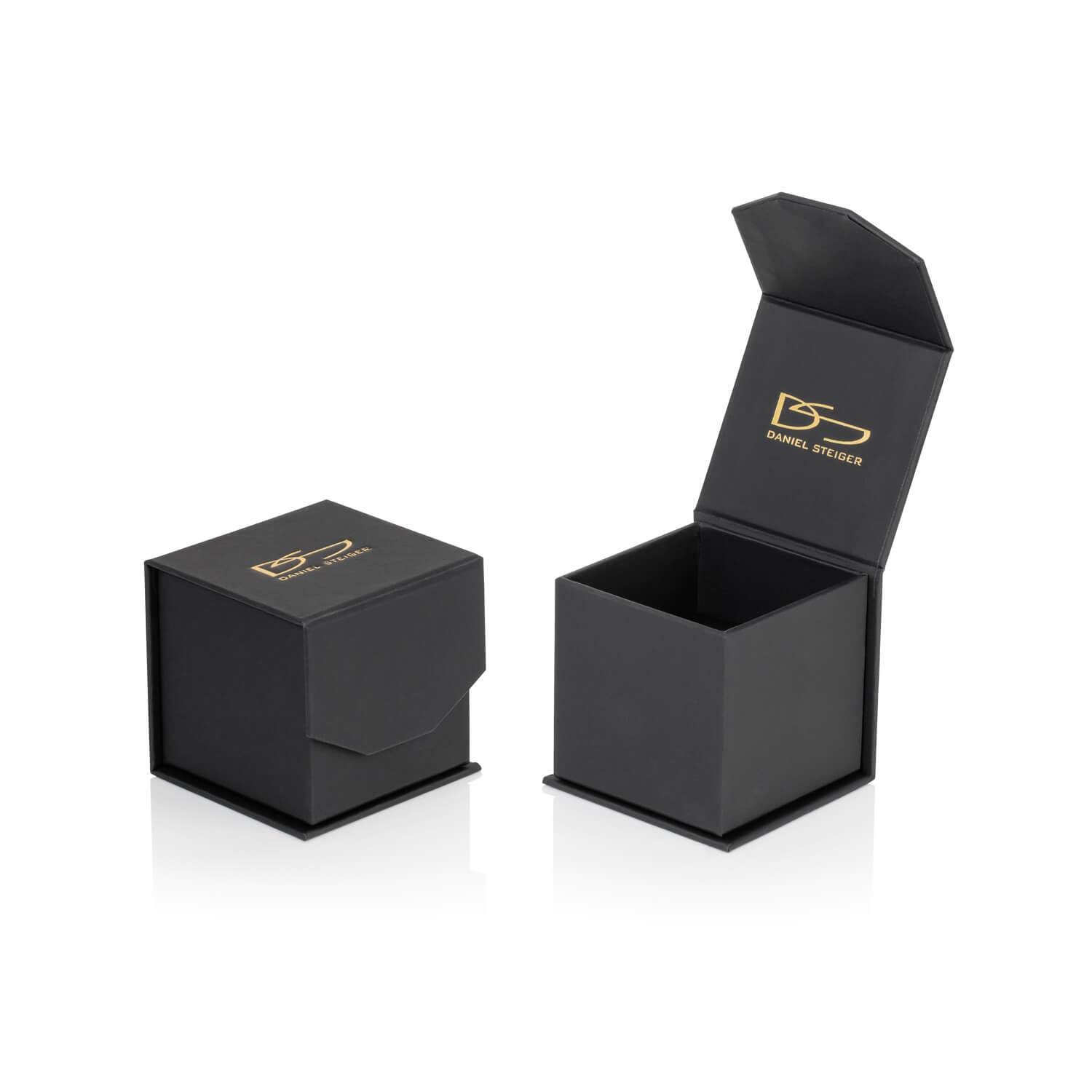 Black jewelry box with gold DS Daniel Steiger logo, designed to hold the Violetta Ring made of sterling silver with gold plating for female buyers.
