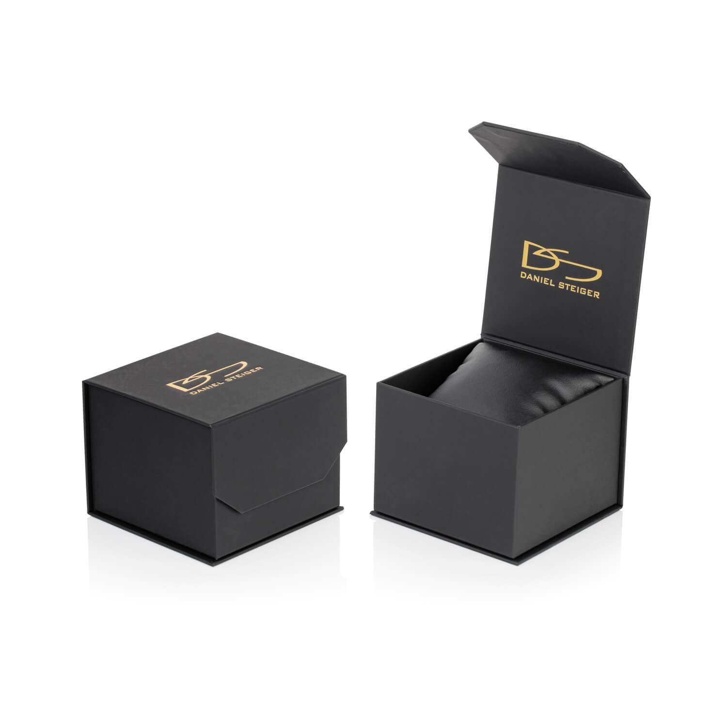 Black and gold Daniel Steiger branded watch box with cushioned interior for holding the Phantom Black Men's Watch, crafted from stainless steel with a two-tone plating finish.