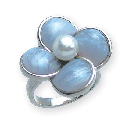 Lace Agate Ring featuring a silver band with four blue lace agate petals arranged like a flower, accented by a central white pearl, designed for women’s jewelry.