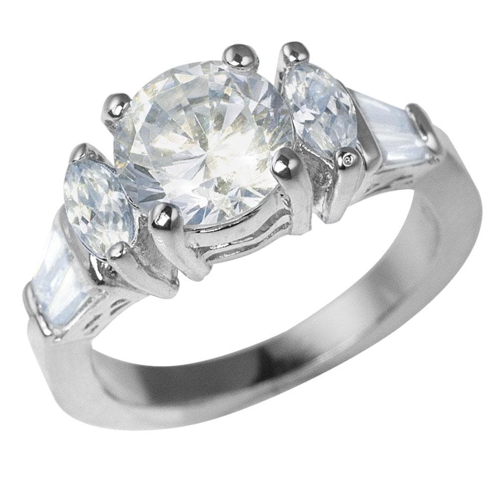 Bellini Rhodium Ring featuring a sterling silver band with a large central round-cut stone flanked by two marquise-cut stones and tapered baguette accents, designed for women.