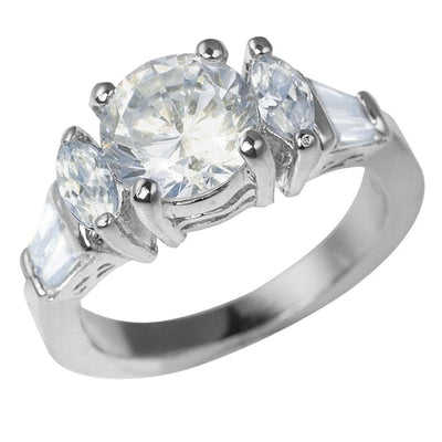 Bellini Rhodium Ring featuring a sterling silver band with a large central round-cut stone flanked by two marquise-cut stones and tapered baguette accents, designed for women.