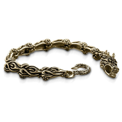 Dragons Lair Gold Bracelet featuring an intricately designed dragon head clasp, crafted from gold-plated stainless steel, a bold men's bracelet perfect for jewelry collectors.