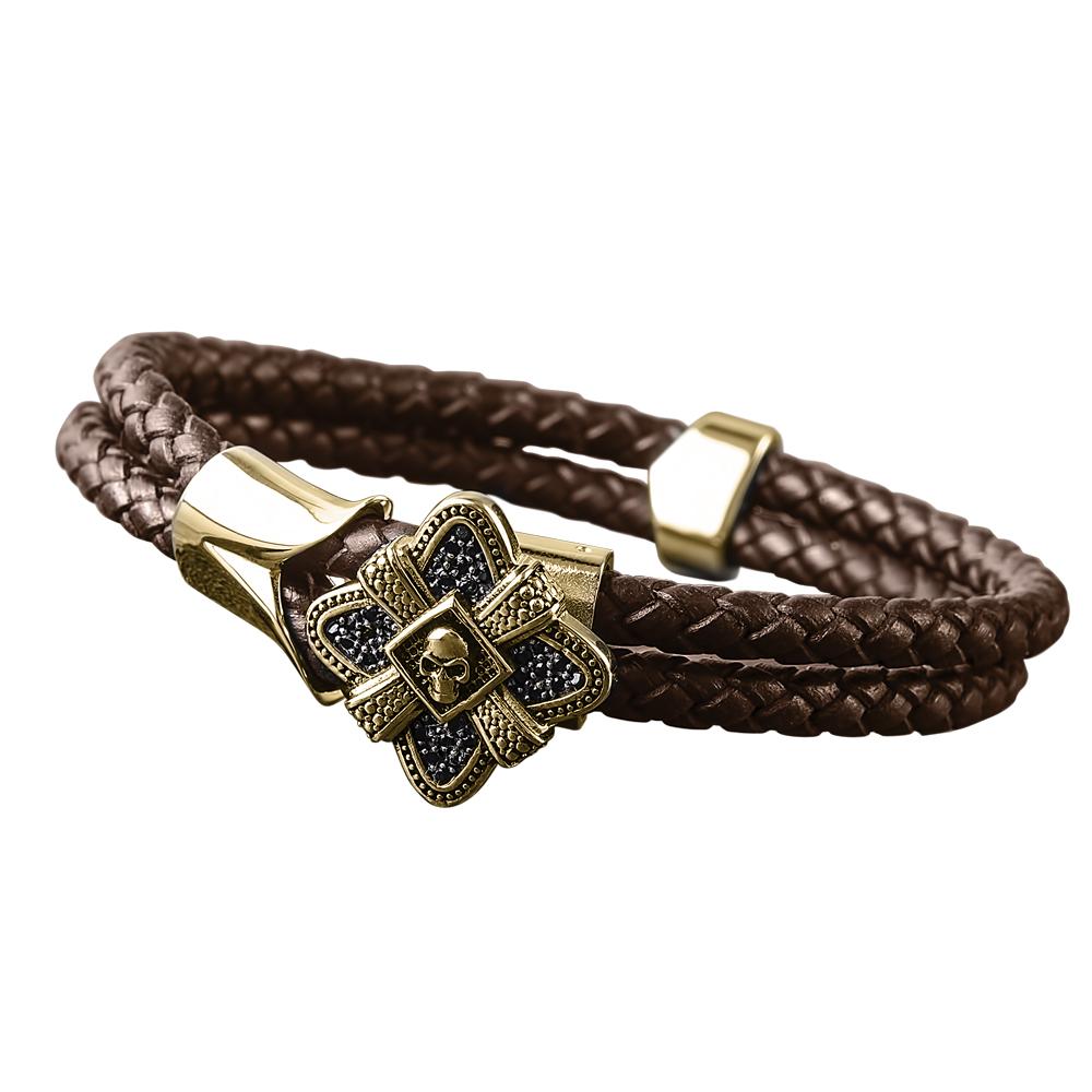Men's Midnight Skull Gold Fused Bracelet featuring a stainless steel gold-plated skull emblem on a double strand brown braided leather band, stylish men's jewelry accessory.