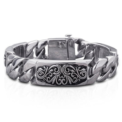 Montana Scroll Bracelet Steel featuring a bold stainless steel chain with an intricate scroll design centerpiece, crafted for a striking male jewelry statement.