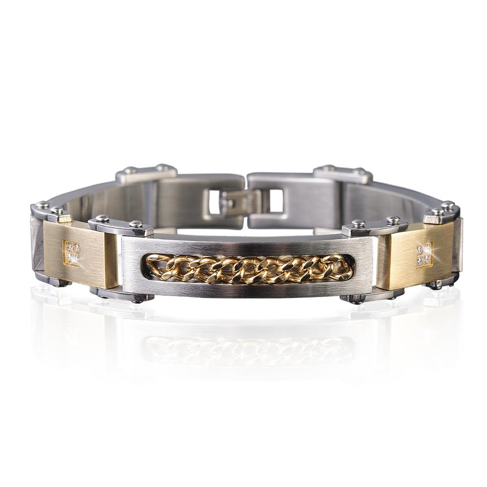 Evolver Diamond Bracelet featuring a two-tone stainless steel design with gold-tone chain details and diamond accents, crafted for a masculine style statement.
