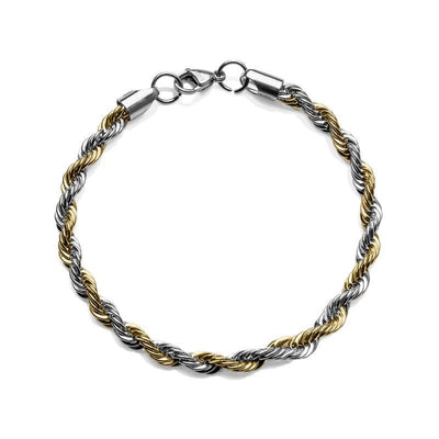 Two-Tone Rope Chain Bracelet made of stainless steel with a twisted two-tone design in silver and gold, featuring a secure lobster clasp for men’s jewelry.
