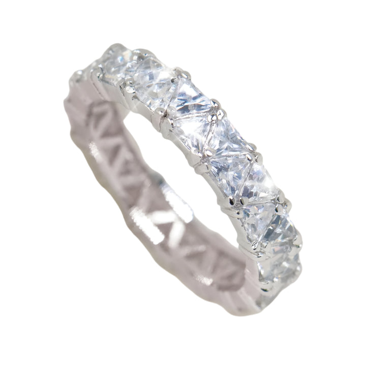 Sterling silver Triana Ring for female featuring a full band of square-cut clear stones with rhodium plating, showcasing elegant and sparkling jewelry craftsmanship.
