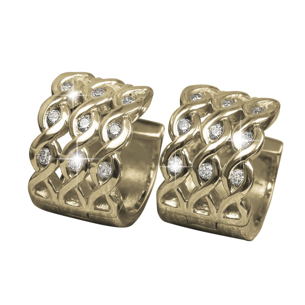 Ipanema Gold Earrings crafted from sterling silver with gold plating, featuring an intricate lattice design accented by sparkling clear stones for a sophisticated female jewelry piece.