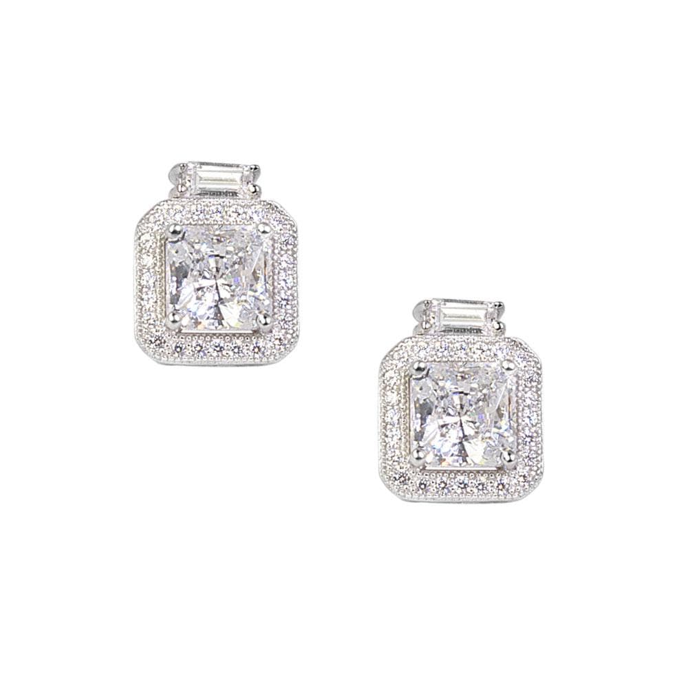 Park Lane Earrings crafted in sterling silver with rhodium plating, featuring sparkling square-cut stones surrounded by smaller crystals for an elegant jewelry statement.