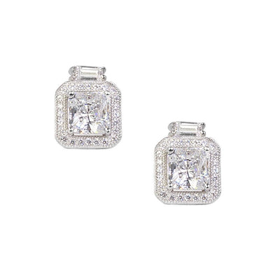 Park Lane Earrings crafted in sterling silver with rhodium plating, featuring sparkling square-cut stones surrounded by smaller crystals for an elegant jewelry statement.
