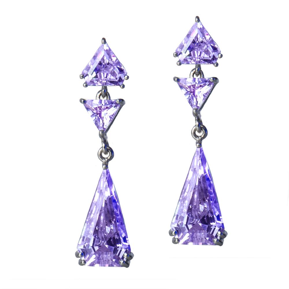 Deco Chadelier Earrings featuring rhodium plated sterling silver with elegant purple triangular gemstones, designed for a sophisticated female jewelry collection.