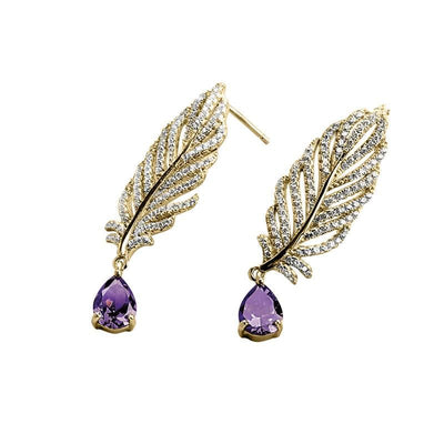 Orelia Amethyst Earrings featuring sterling silver with rhodium plating, designed for females, showcasing intricate leaf shapes adorned with sparkling crystals and teardrop amethyst stones.