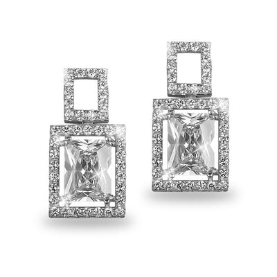 Imperial Peninsula Earrings featuring sterling silver with rhodium plating, designed for women, showcasing rectangular clear gemstones surrounded by smaller sparkling stones.