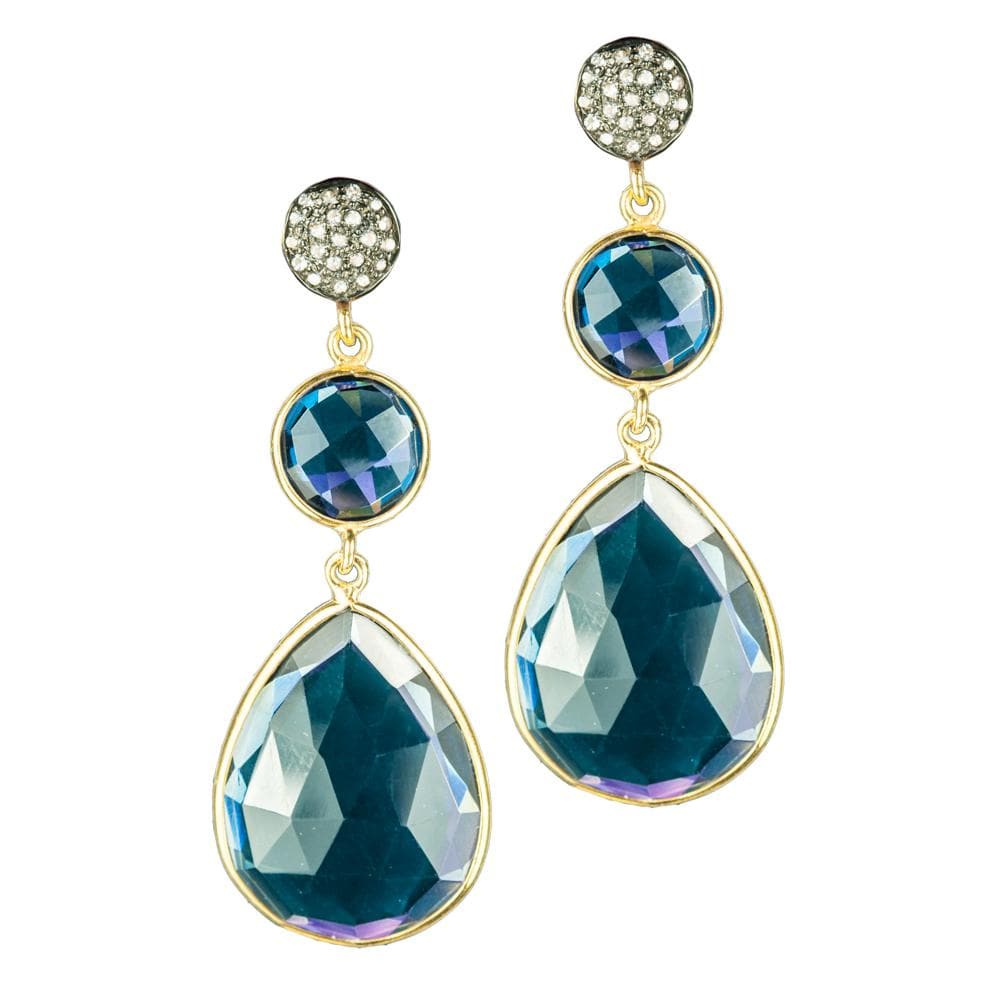Midnight Blue Dangle Earrings featuring two-tone sterling silver with faceted deep blue stones in round and teardrop shapes, designed for women’s jewelry collections.