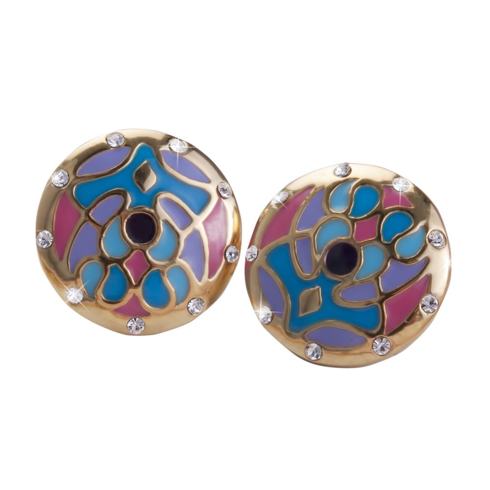 Golden Peacock Earrings featuring a colorful enamel peacock design with gold plating and stainless steel construction, adorned with sparkling crystals for a feminine jewelry statement.