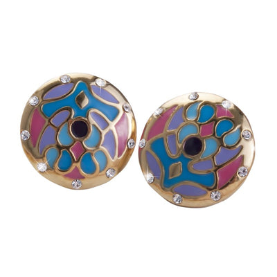 Golden Peacock Earrings featuring a colorful enamel peacock design with gold plating and stainless steel construction, adorned with sparkling crystals for a feminine jewelry statement.