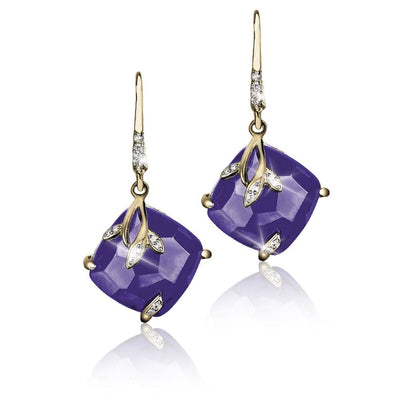 Harmony Floral Earrings featuring sterling silver and gold plating, with purple faceted stones and delicate leaf accents, designed for women’s elegant jewelry collections.