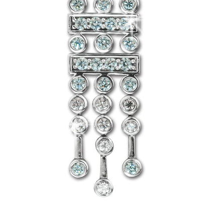Close-up view of the Empress Pendant featuring sterling silver with rhodium plating and multiple sparkling clear and light blue gemstones in an intricate cascading design for women’s jewelry.