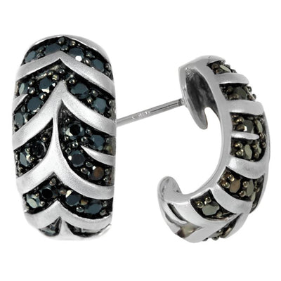 Jungle Fever Zebra Earrings crafted in rhodium-plated sterling silver featuring black and smoky gray stones set in a bold striped pattern for women’s jewelry.