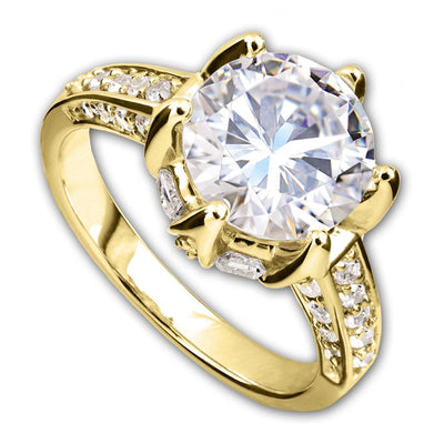 Gold Lotus Ring featuring a large round clear gemstone set in gold-plated sterling silver with smaller accent stones along the band, designed for females.