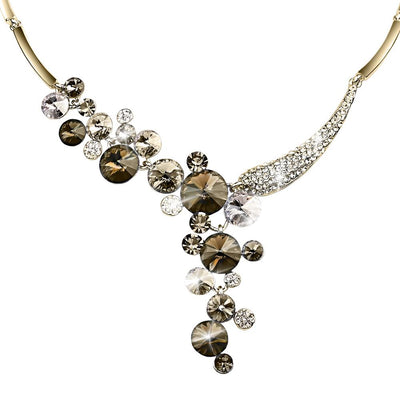 Azalia Coffee Necklace featuring a stainless steel design with clusters of round coffee-colored and clear crystals, elegantly arranged for a female jewelry statement piece.