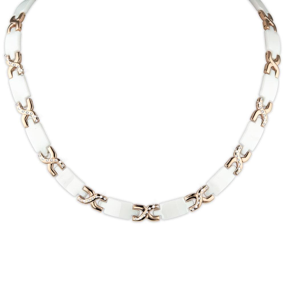 Ceramic Deluxe Necklace featuring white ceramic and rose gold plated stainless steel links, elegant women's jewelry piece designed for a sophisticated look.