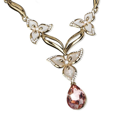 Calla Flora Necklace featuring gold plating with delicate floral motifs accented by small crystals and a large teardrop-shaped pink pendant, elegant jewelry for female wearers.