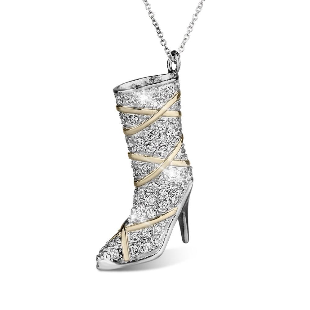 Passarela Boot Pendant is a two-tone sterling silver pendant shaped like a high-heeled boot adorned with sparkling stones, designed for women’s jewelry collections.