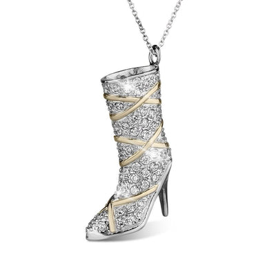 Passarela Boot Pendant is a two-tone sterling silver pendant shaped like a high-heeled boot adorned with sparkling stones, designed for women’s jewelry collections.