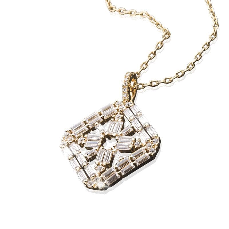 Bliss Baguette Pendant featuring sterling silver with gold plating, designed for women, showcasing an elegant arrangement of baguette-cut stones on a delicate gold chain necklace.