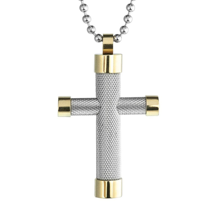 Rio Diamond Cross pendant for men crafted from stainless steel with a two-tone plating, featuring a textured silver cross and polished gold-tone ends on a ball chain necklace.
