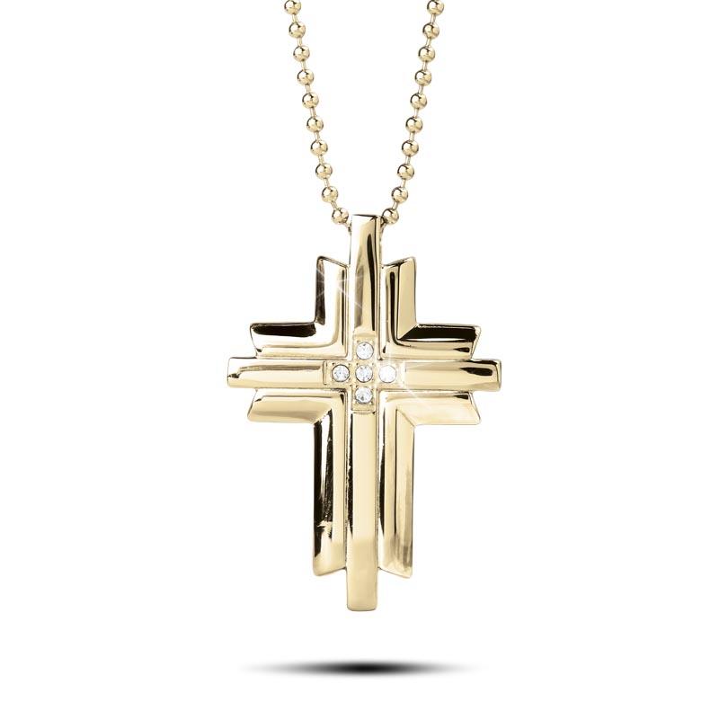 Trinity Golden Cross pendant for men featuring a polished gold-tone design with a layered cross shape and sparkling crystal accents on a matching gold chain.