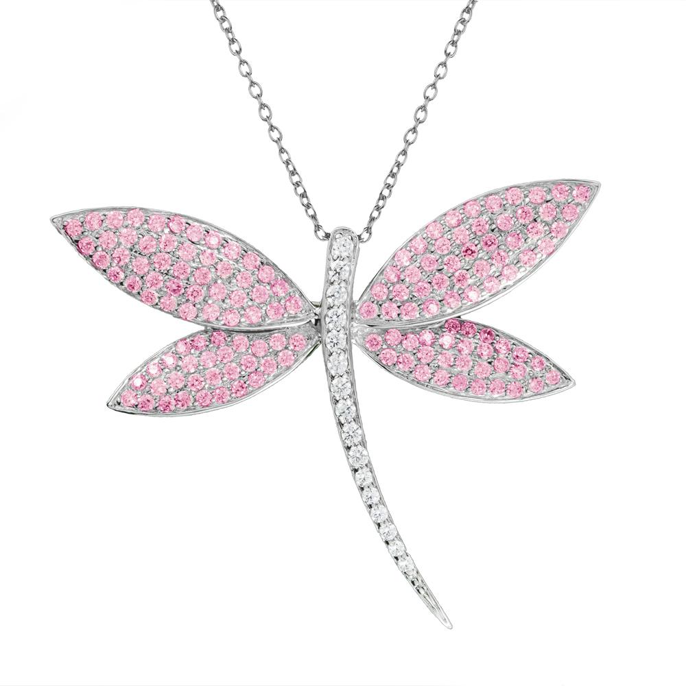 Fly Away Brooch Pink sterling silver dragonfly brooch with rhodium plating, adorned with pink and clear stones, designed for female jewelry lovers.
