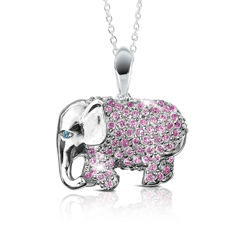 The Elephant Parade Pendant featuring a sterling silver and rhodium-plated elephant adorned with pink crystals, designed as elegant female jewelry necklace.